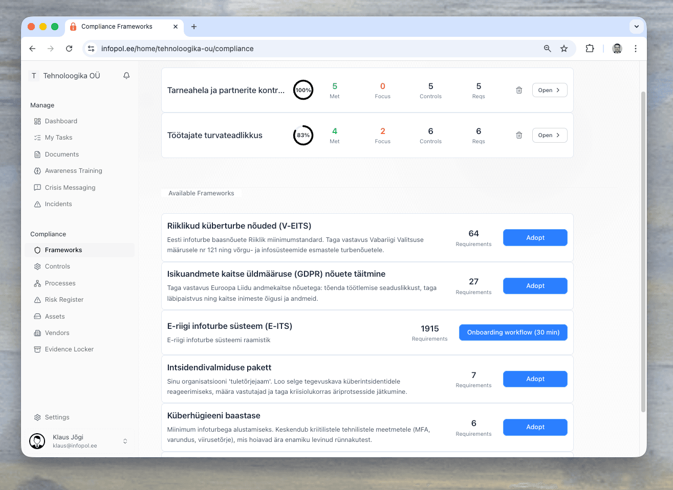 Compliance Frameworks Dashboard